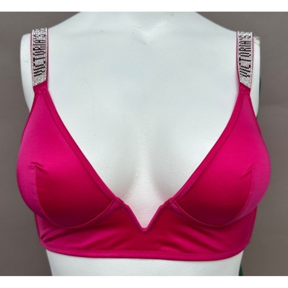 Victoria's Secret Sexy Bra M Hot Pink Rhinestone Logo Straps Bralette Plunge NEW